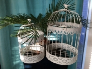 Birdcages set, small + large round, metal, white.